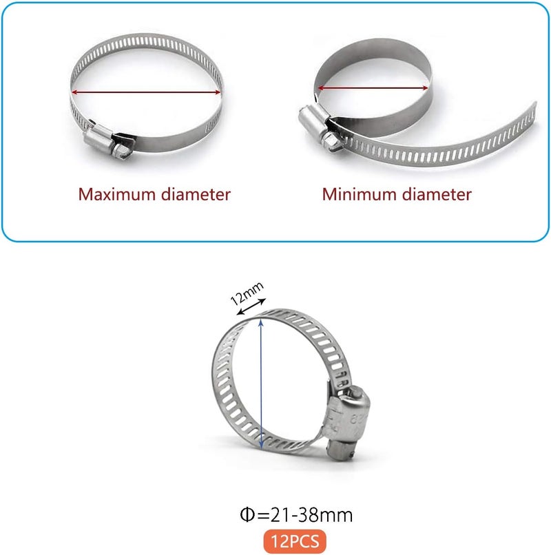 ZIPCCI Hose Clamp, 12 Pack Stainless Steel Worm Gear fuel line hose clamps, 21-38mm (3/4-1-1/2 inch) - Image 2